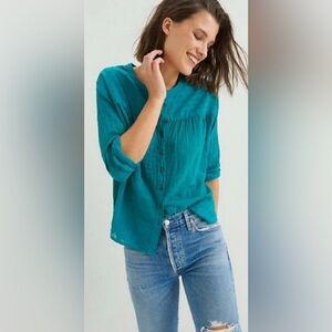 Anthropologie Pilcro Mila Draped Teal Button-Down Blouse